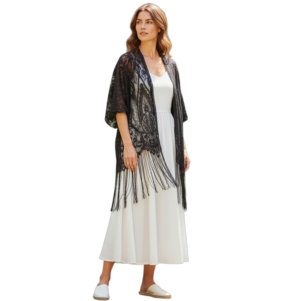Romwe Black Lace Kimono with Fringe Size Small